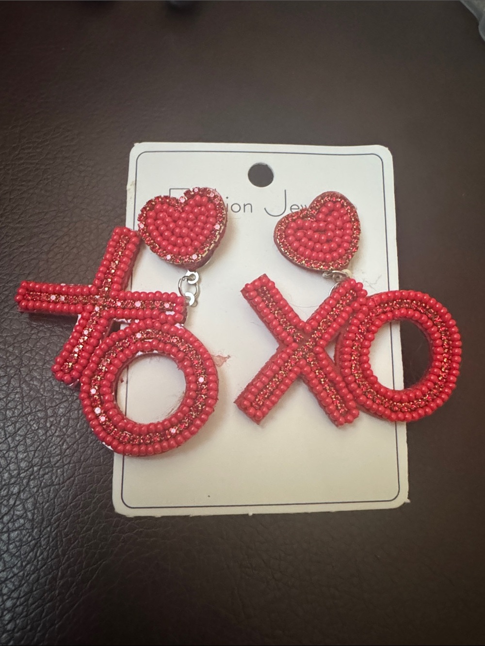 Private Label Red Beaded XO Heart Drop Earrings